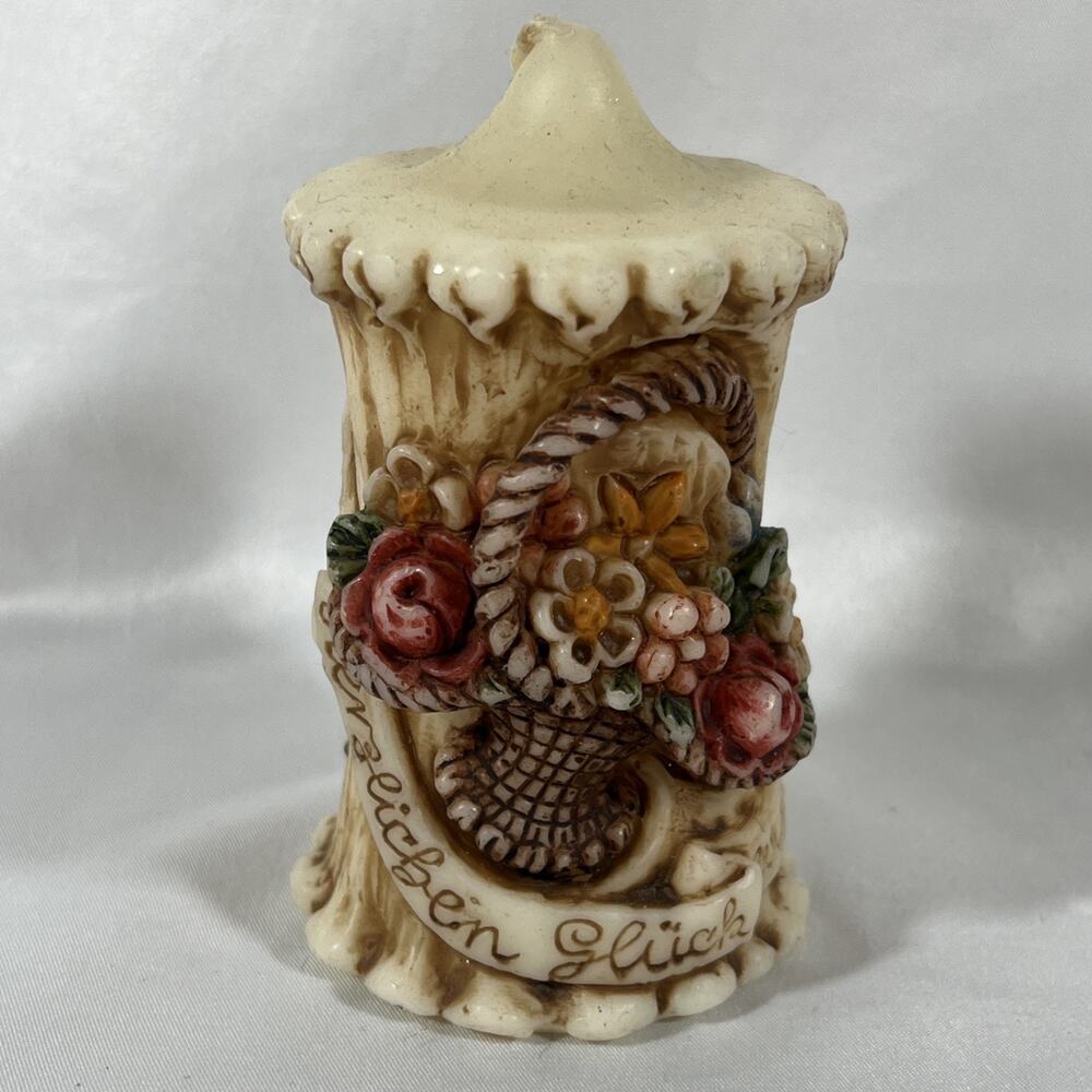 Vintage German Herzlichen Glückwunsch Floral Basket Candle Congratulations